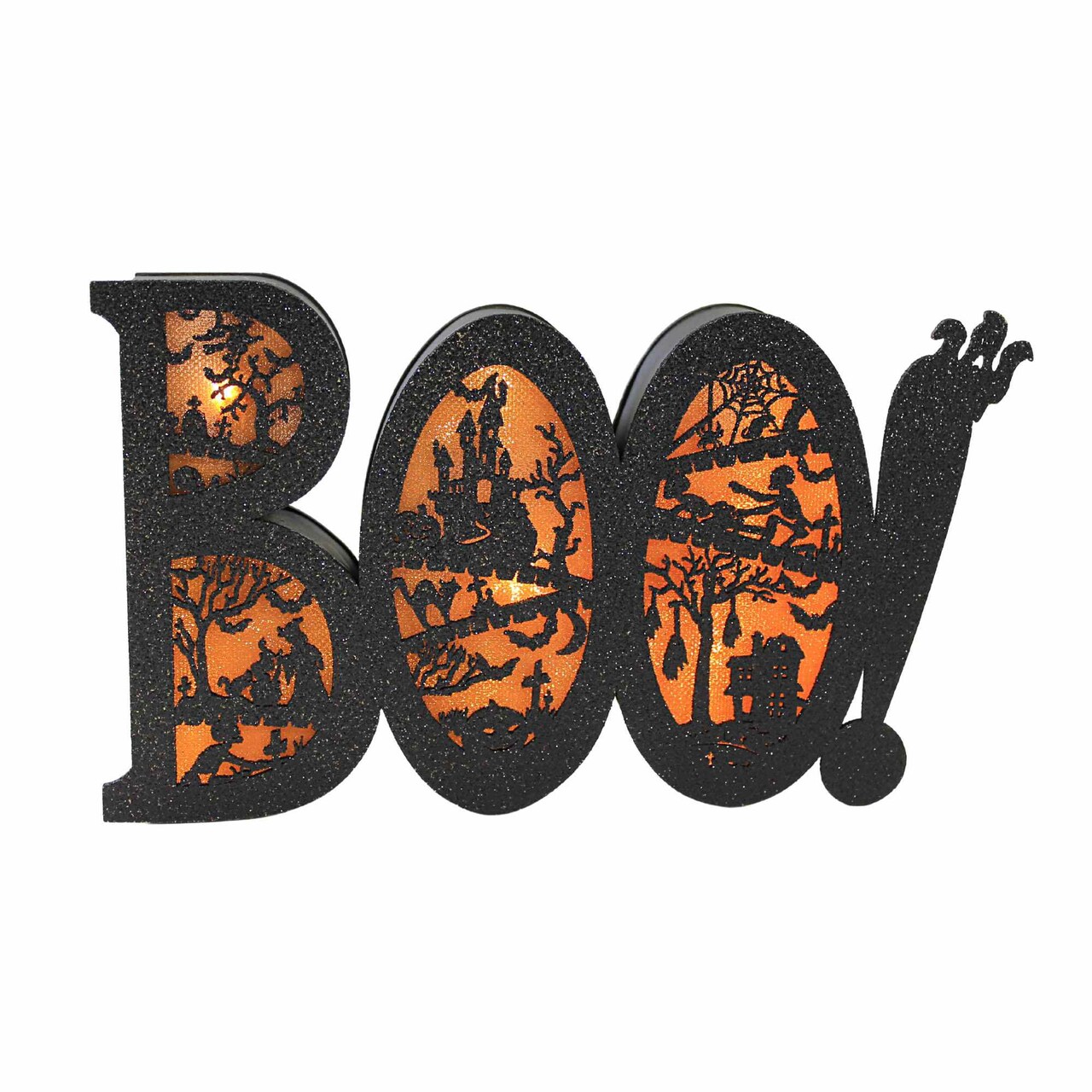 Roman 4.75 In Boo Sign With Bats And Ghosts Halloween Everyday Tabletop , Lighted Halloween Decor Led Glitter Laser Cut Out